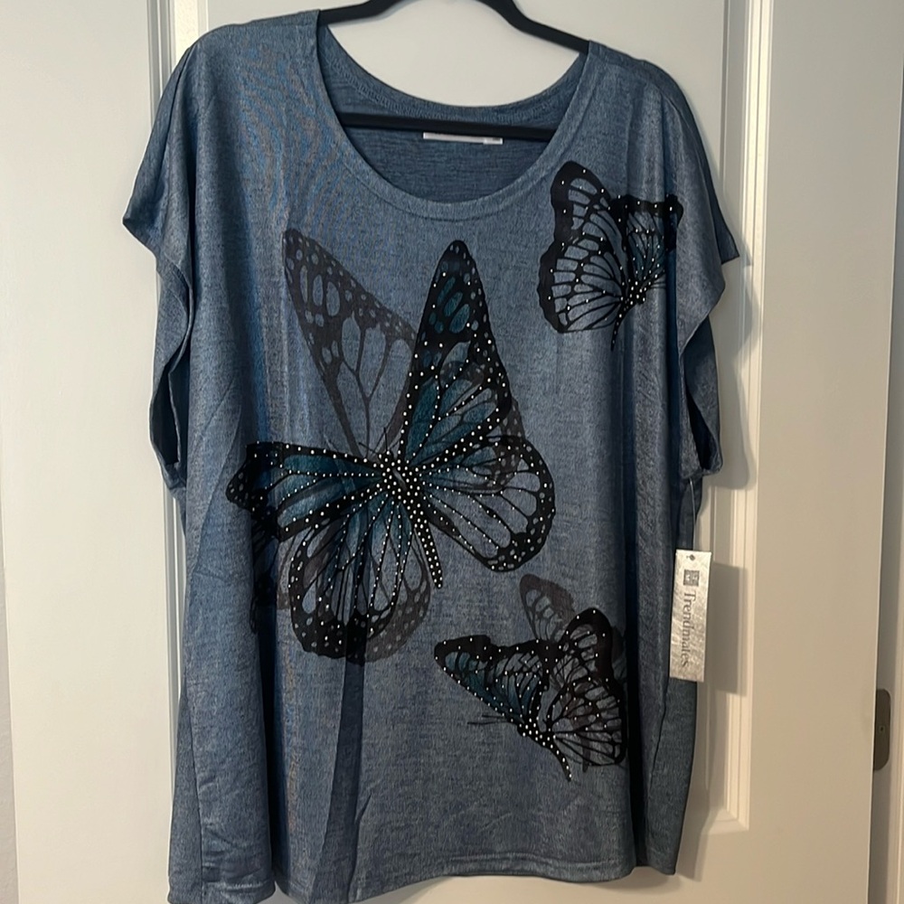 Silver studded/ Blue butterfly women’s shirt: New with tags